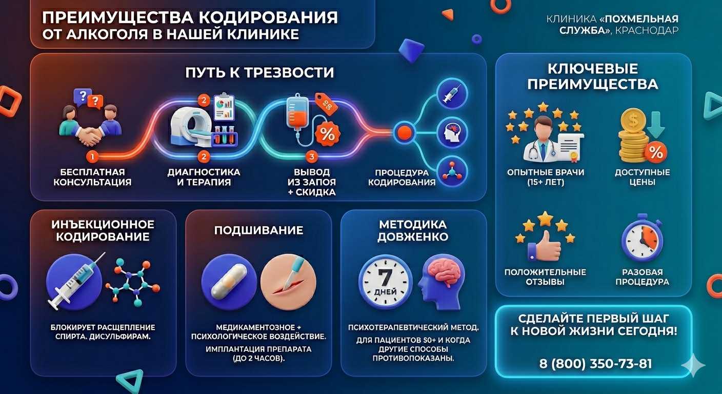 Инфографика о методах кодирования от алкоголя в Баево: инъекции, подшивание, метод Довженко. Преимущества клиники и этапы лечения.